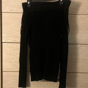 Lovestitch Black Off-Shoulder Sweater with Fringe